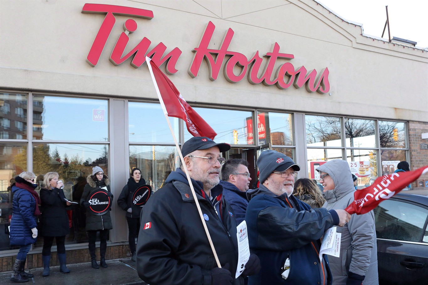 Double-doubles and demonstrations: Employees rally outside Tim Hortons