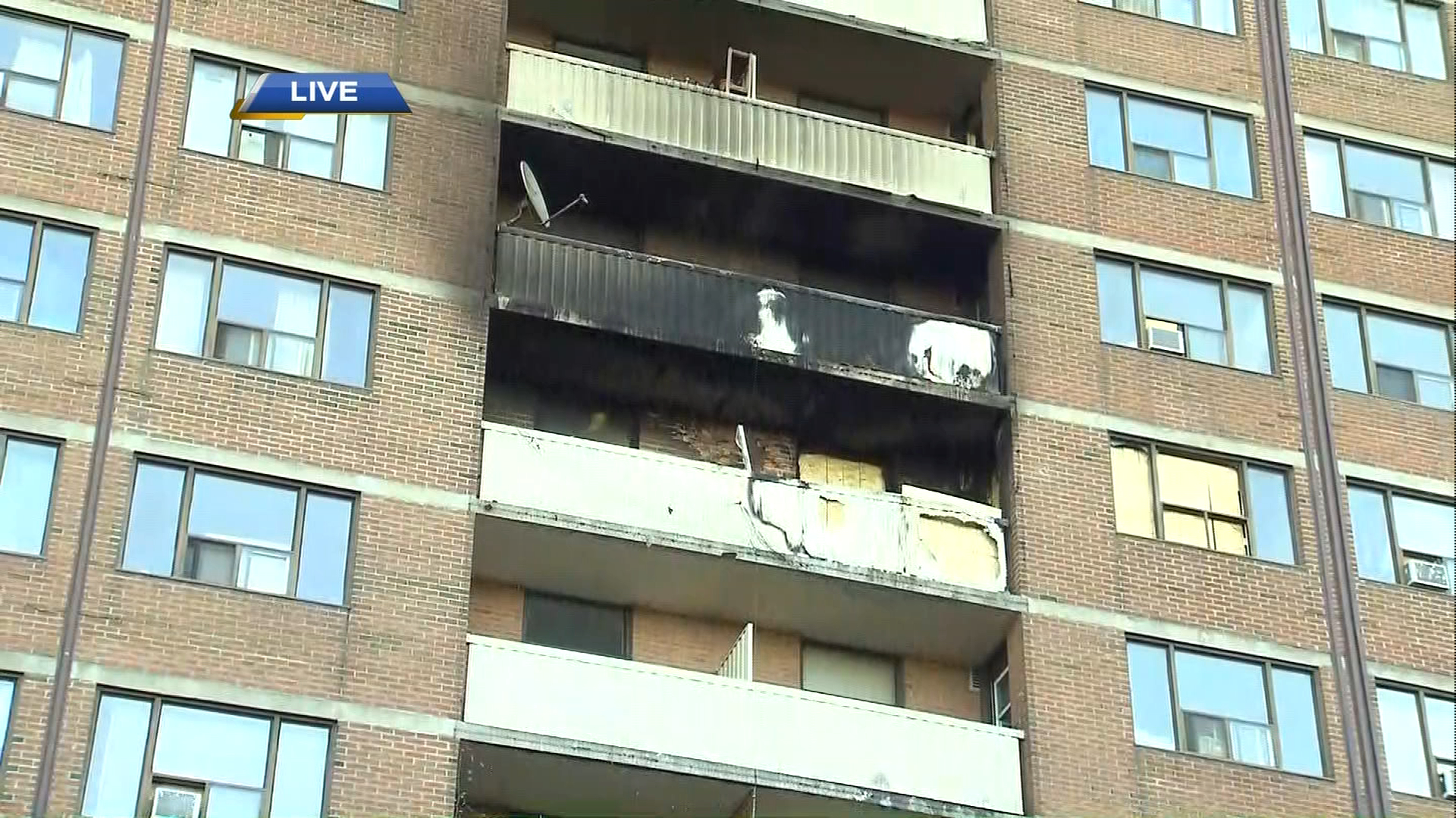 A charred balcony can be seen at an apartment building on Dunn Avenue after a fire on June 5, 2017. CITYNEWS 