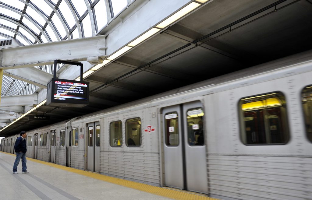 Riders wait for the subway at Yorkdale station in Toronto.