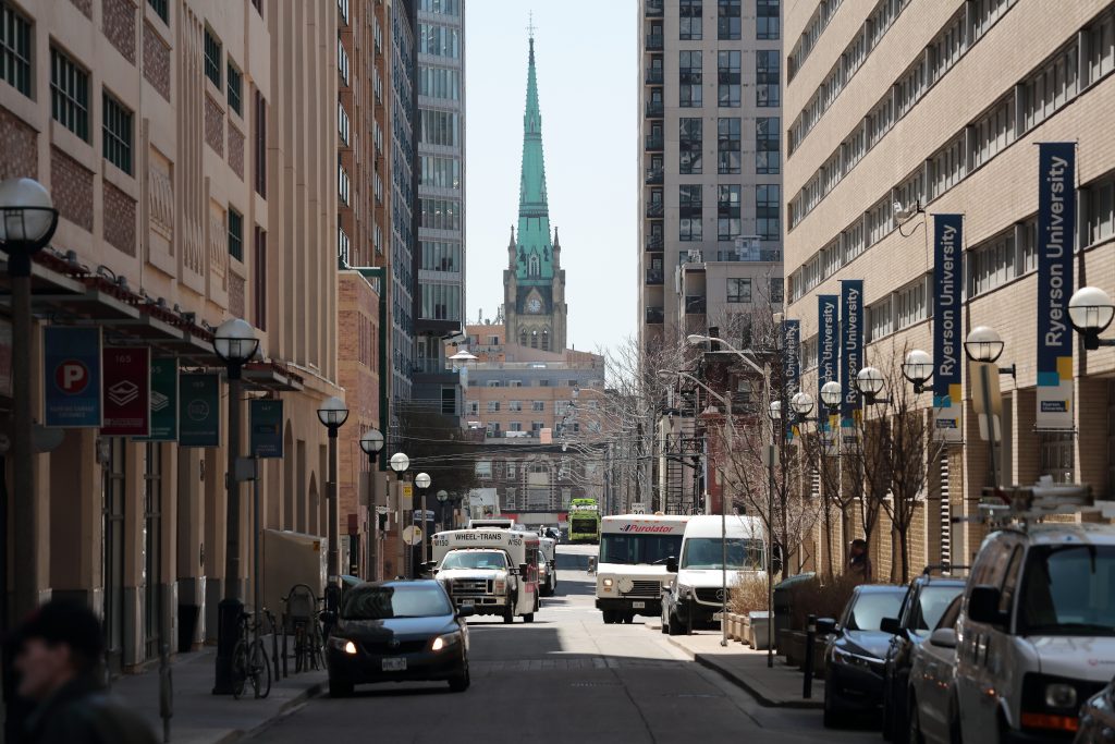 St. Michael's church in Toronto is seen in an undated file photo, viewed from Gould Street.