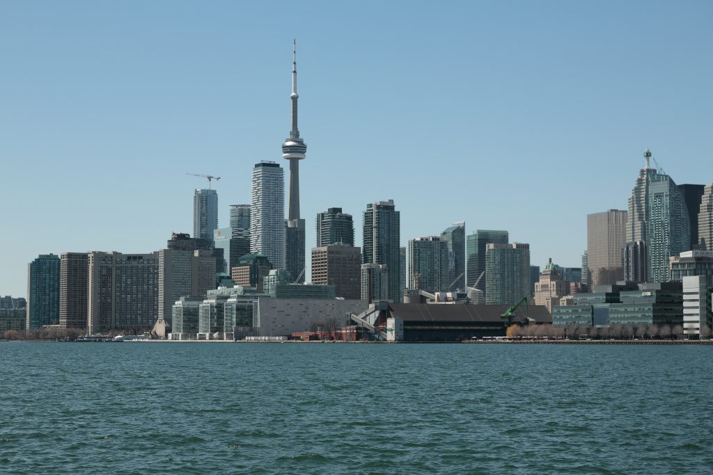 City of Toronto skyline CN Tower blue skies clear day lake ontario downtown