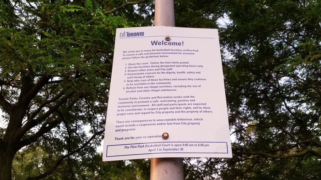 The rules regarding basketball nets at Phin Park near Danforth and Greenwoods avenues on June 26, 2019. CITYNEWS/Bert Dandy