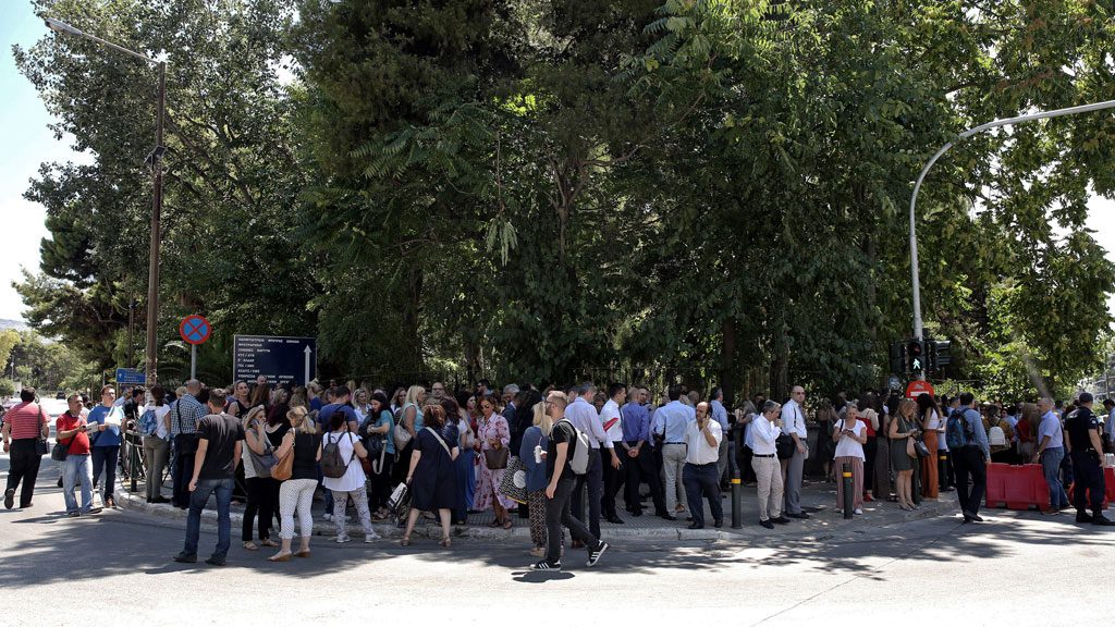 People gather in an open area following an earthquake in central Athens, Greece