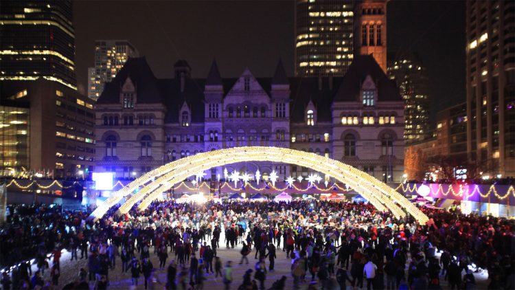 People skating at Nathan Phillips Square during the Cavalcade of Lights.