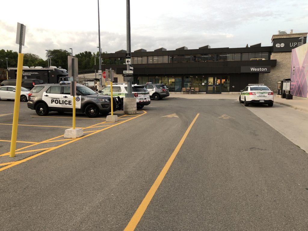 Police cars outside of the Weston GO Transit station