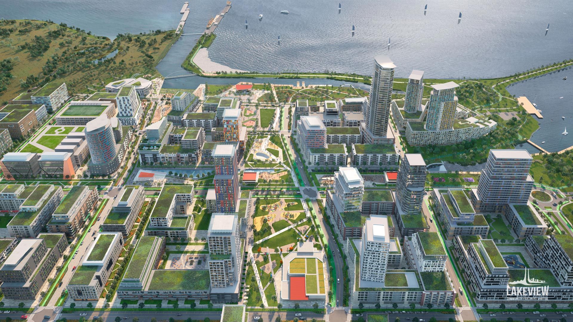 Artist's rendering of the Four Park Systems at Lakeview Village, Aerial View