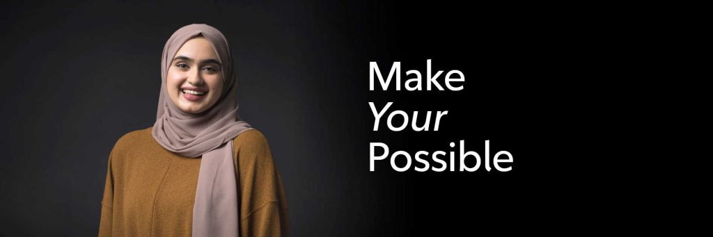 Image of woman with the text "make your possible"