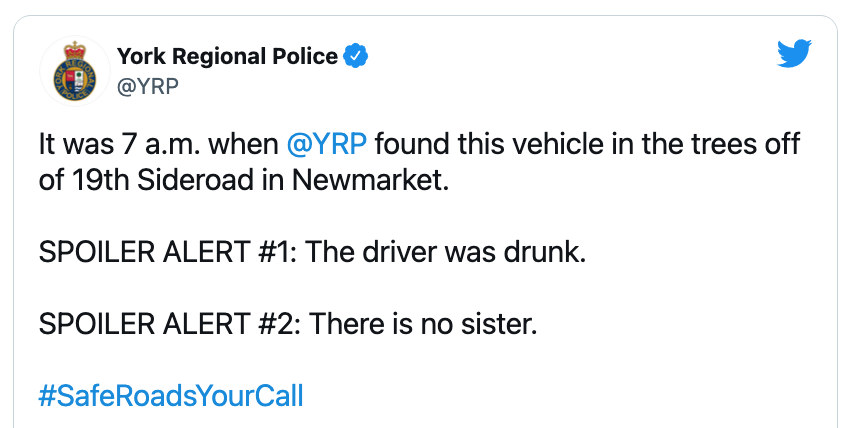 York Regional Police Tweet on driver facing impaired driving charges