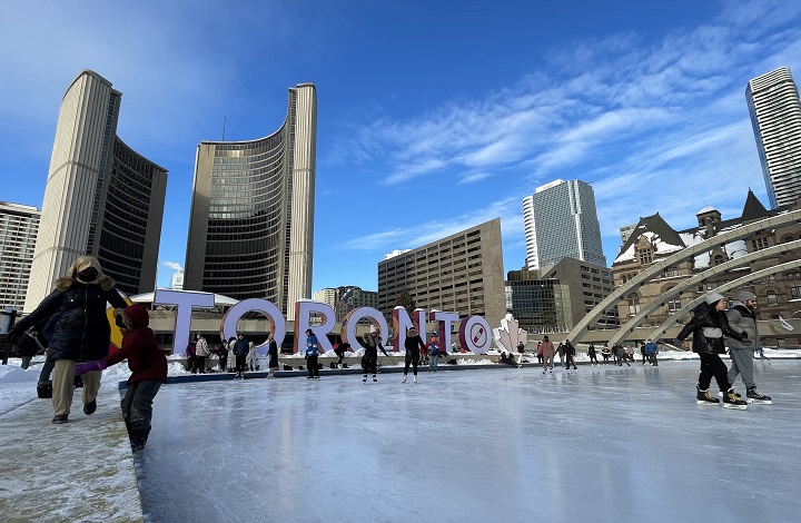 The Nathan Phillips Square ice rink and Toronto City Hall