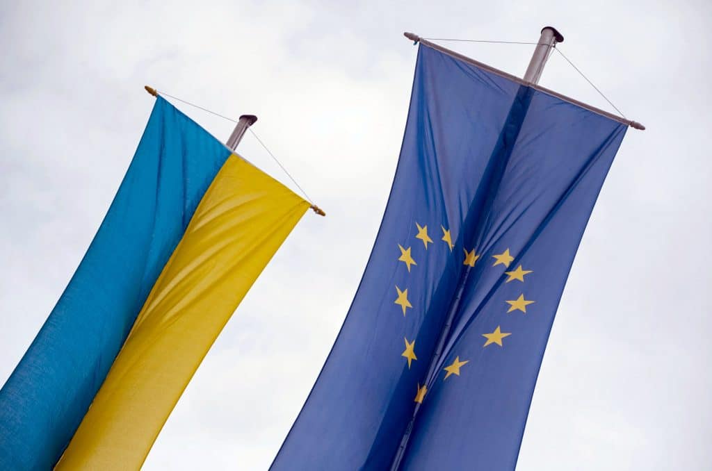 The flag of the European Union and the flag of Ukraine