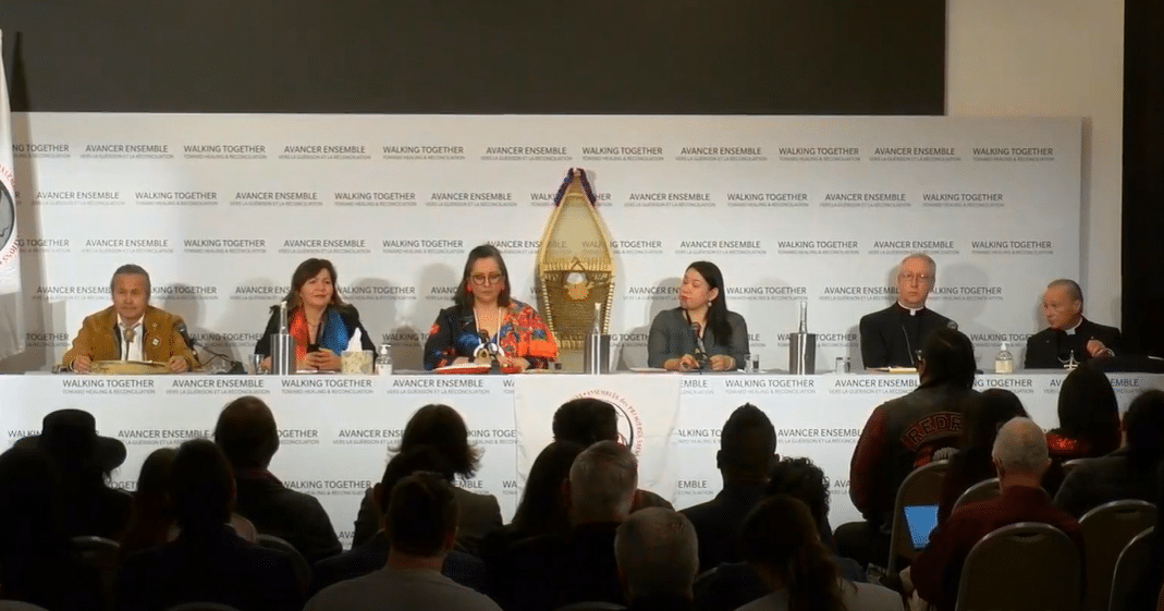 Assembly of First Nations delegates speak in Rome following their meeting with Pope Francis at the Vatican. They are joined by representatives from the Canadian Conference of Catholic Bishops. 