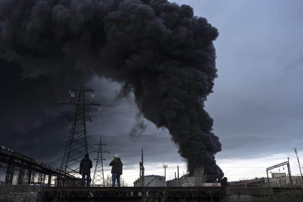 smoke rises in the air after shelling in Odesa