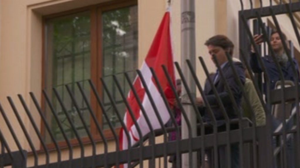 Trudeau raising flag at embassy in Kyiv