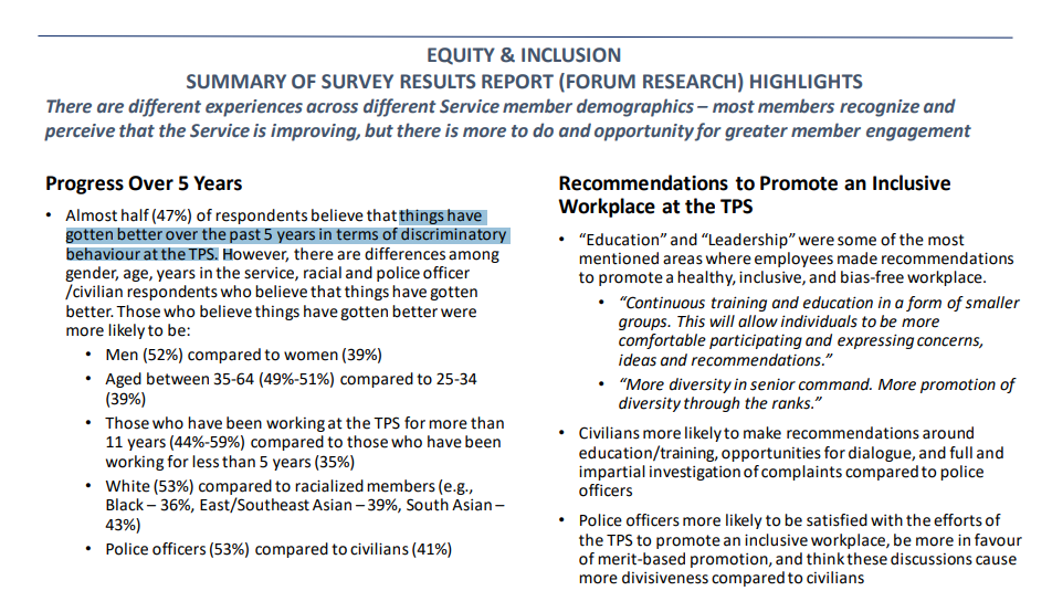 The results of an equity and inclusion survey by the Toronto Police Service. 