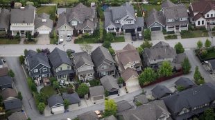 Houses are seen in an aerial view in Langley, B.C..