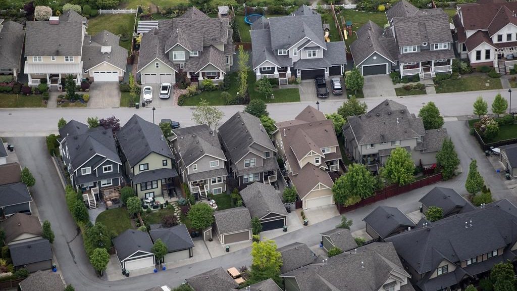 Houses are seen in an aerial view in Langley, B.C..