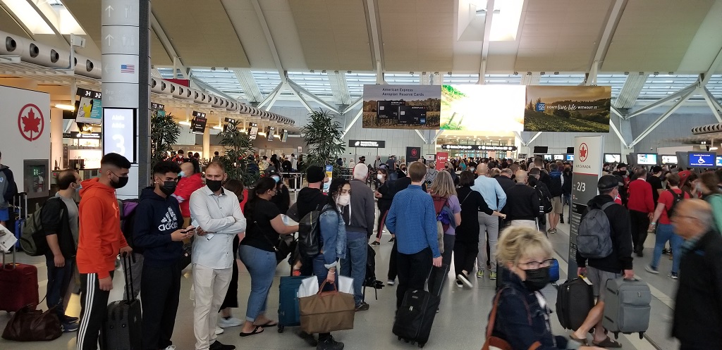 Lineup at Air Canada kiosks at Pearson International Airport