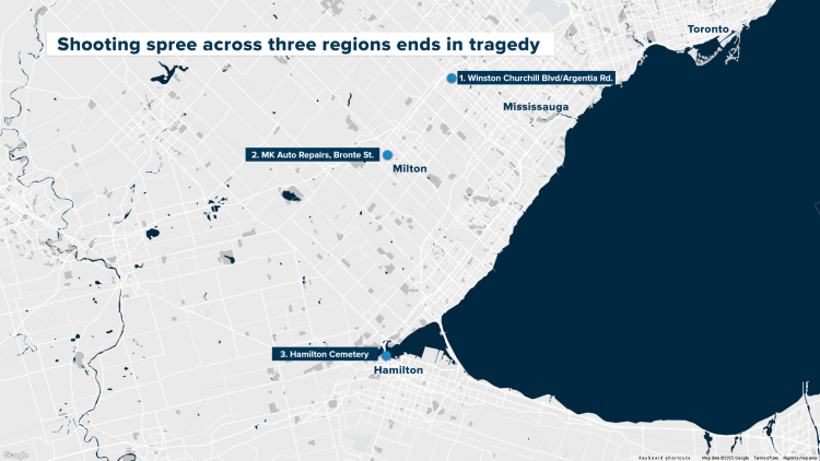 Map of the locations where a shooting spree across three GTA regions occured on Sept. 13. 