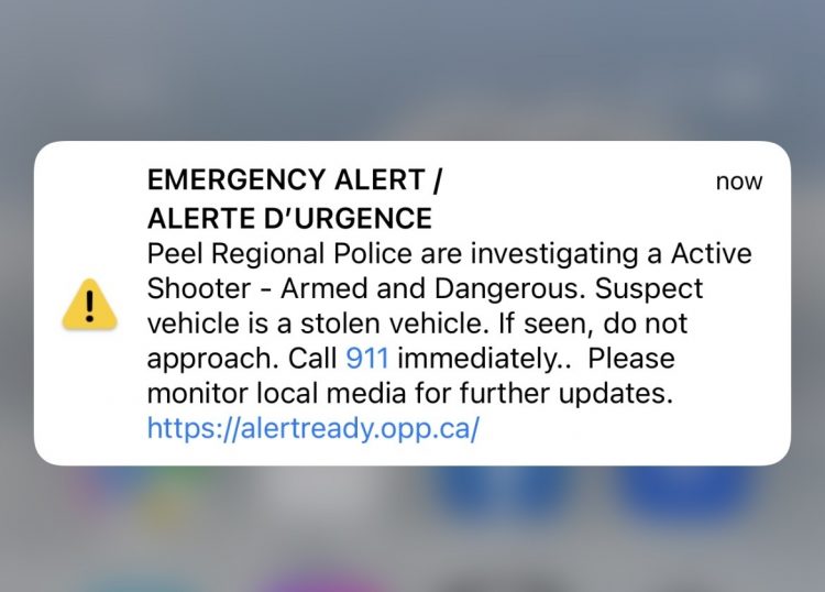 The emergency alert sent out during a shooting spree across Mississauga, Milton and Hamilton at 4:25 p.m. on September 12, 2022.