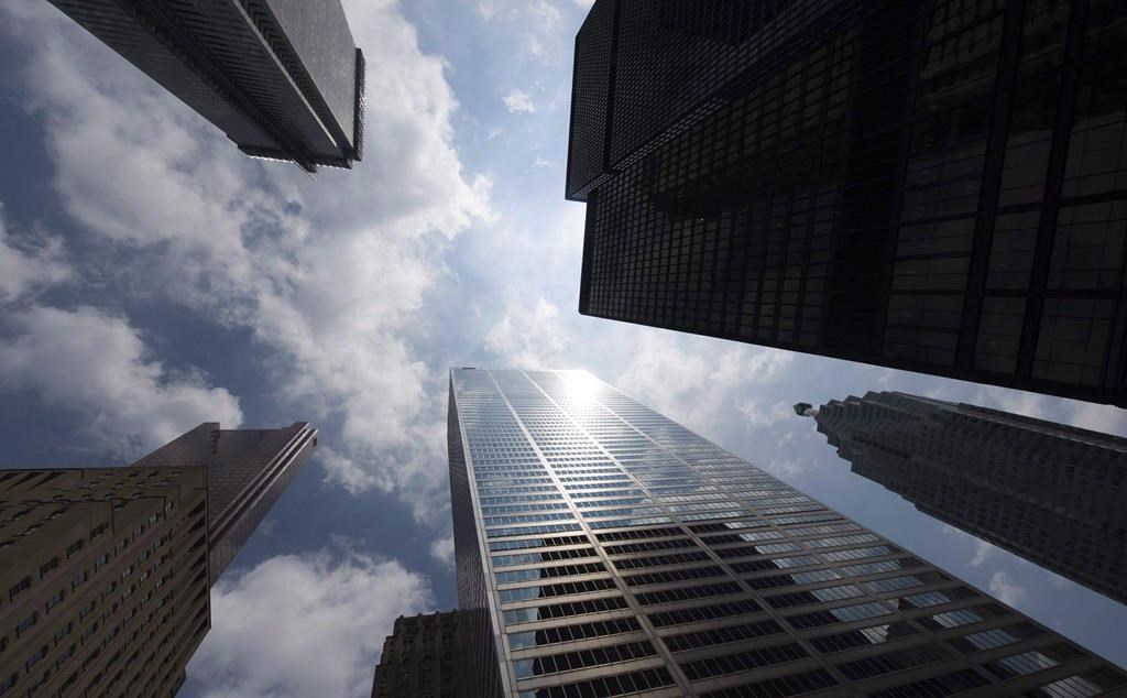 Bank towers are shown from Bay Street in Toronto's financial district