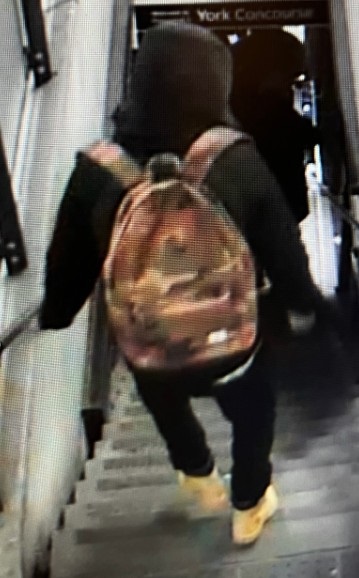 Security camera image of a wanted suspect in connection with an armed robbery on a GO train on November 18, 2022.