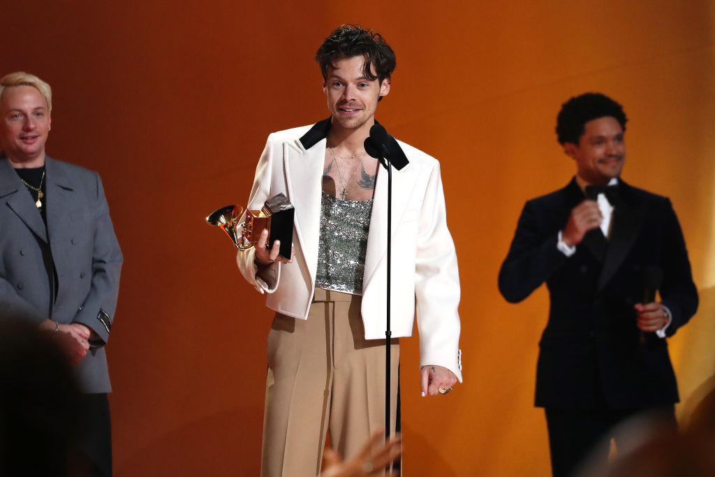 Harry Styles accepts the Album Of The Year award for “Harry's House” onstage during the 65th GRAMMY Awards at Crypto.com Arena on February 05, 2023 in Los Angeles, California.