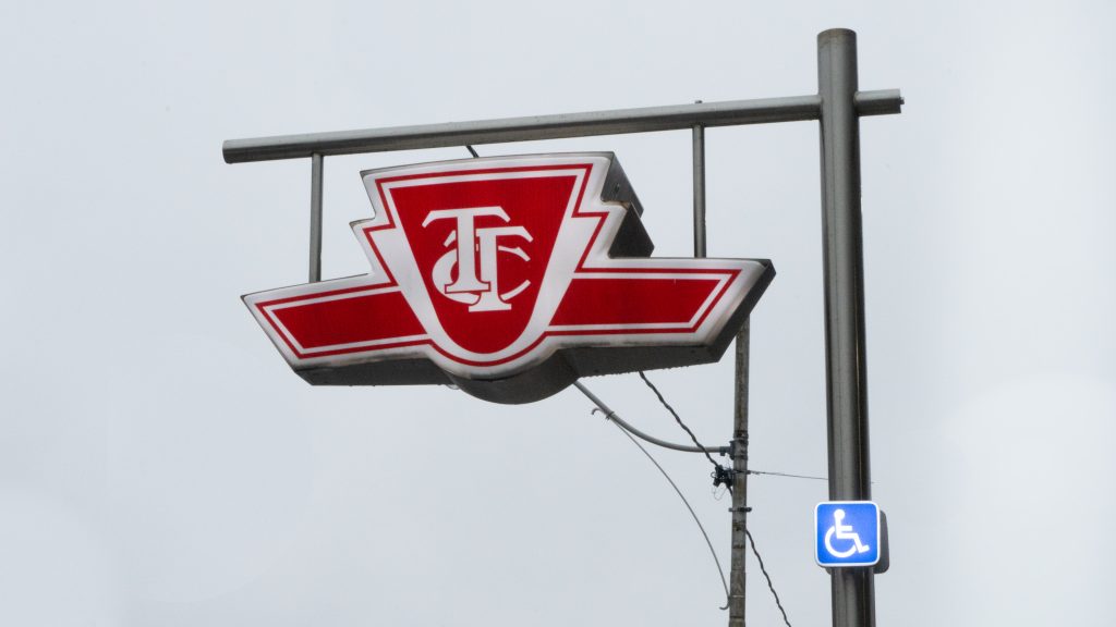 Red Toronto Transit Commission sign outside Ossington subway station