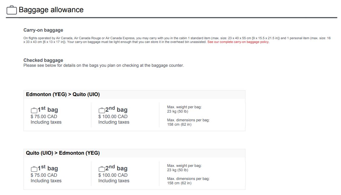 Passenger Warns Of Baggage Fee Collected Through Air Canada   AC INTERLINE BAGGAGE Eticket Baggage Allowance  