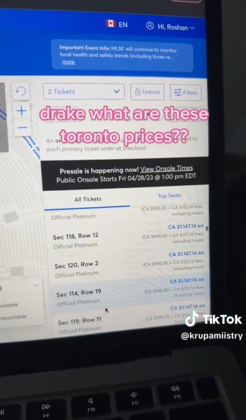 Screen Shot of TikTok video showing Drake concert prices