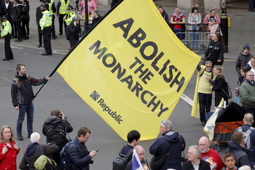 Anti-monarchy protesters demonstrate on the day of the coronation ceremony for Britain's King Charles III in London, Britain Saturday, May 6, 2023.