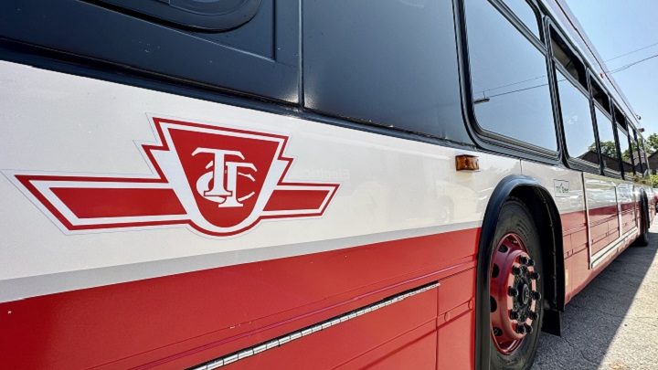 A TTC bus is seen at the Danforth carhouse.