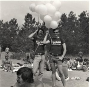 From left to right: Gerald Hannon and Ed Jackson at Hanlan’s Point Beach during the Gay Days picnic in 1978.