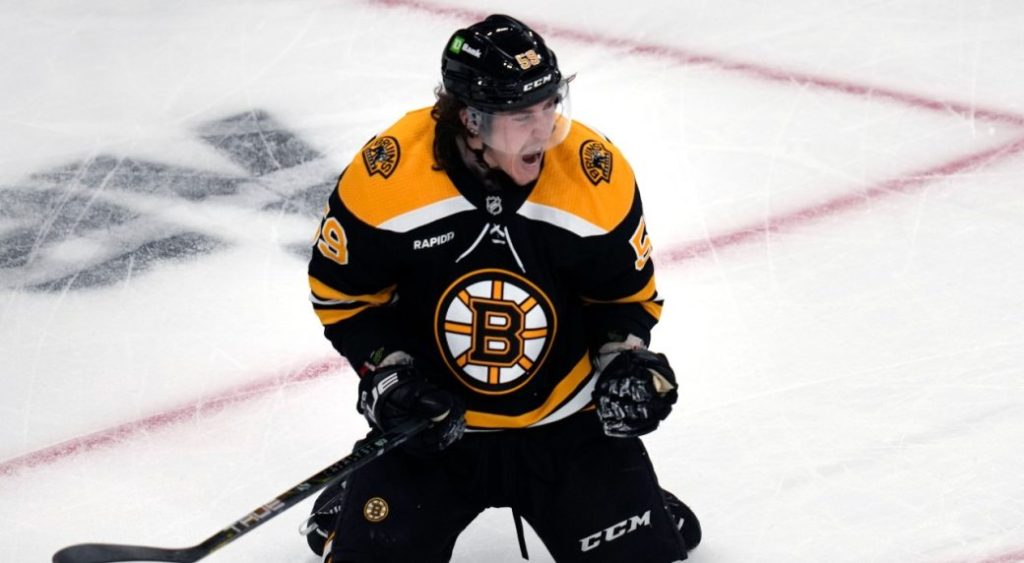 Boston Bruins left wing Tyler Bertuzzi (59) celebrates his goal.