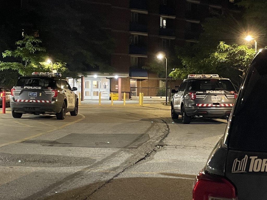 Police cars on the scene of the latest homicide in Toronto at Kipling Road and Albion Avenue on Sunday July 3, 2023.