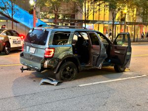 A vehicle after a collision in the Bremner Boulevard and Lower Simcoe Street area.