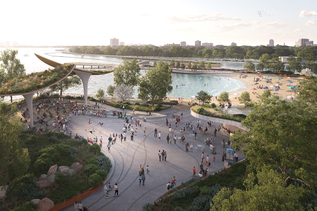 An updated vision for Ontario Place showing the West Headland and beach was released by Therme Canada on Aug. 22, 2023