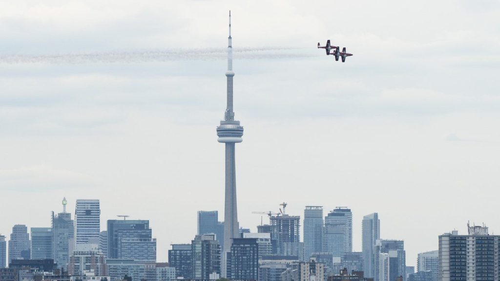 Royal Canadian Air Force (RCAF) Snowbirds perform over Toronto