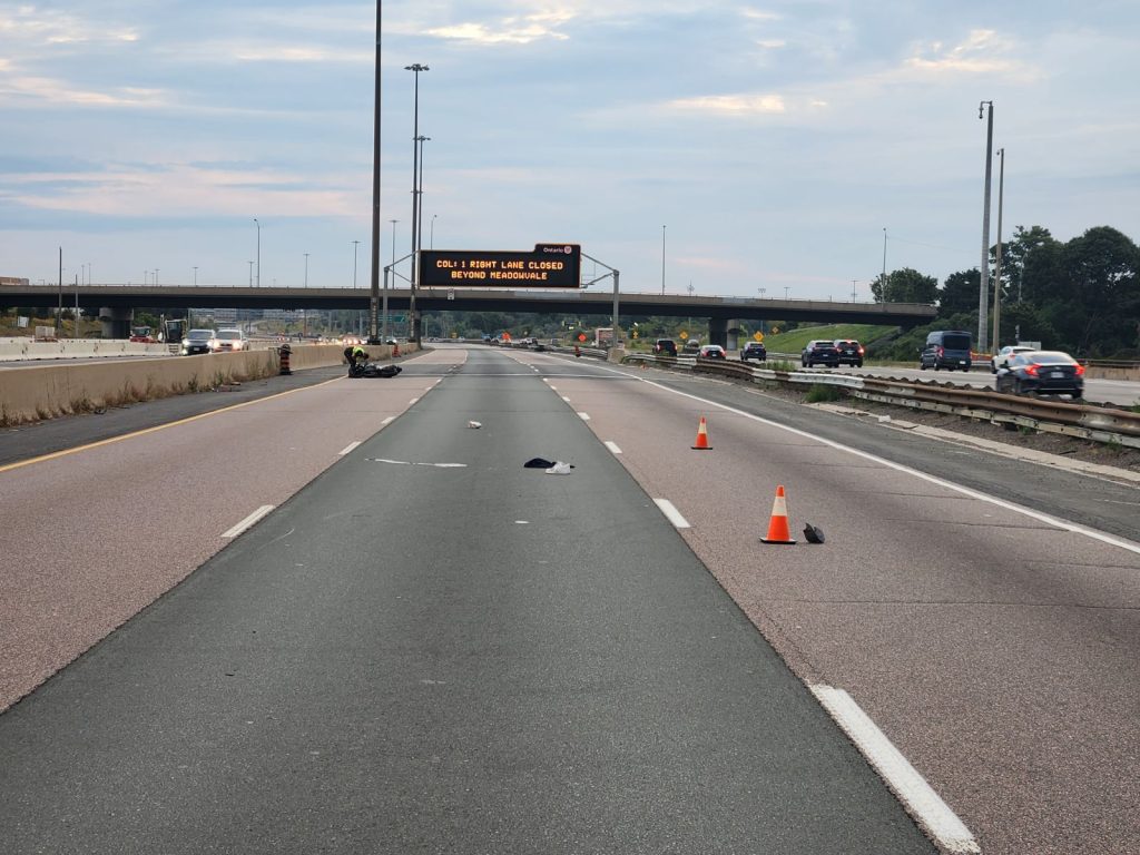 The scene of a fatal motorcycle crash on Highway 401 near Markham Road on Sept. 17, 2023.