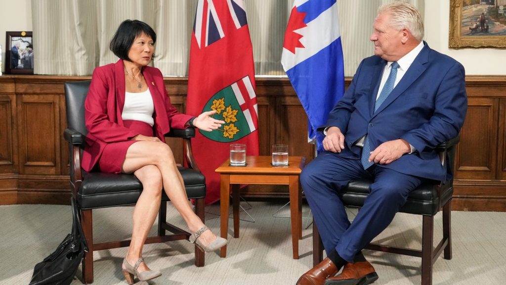 Toronto Mayor Olivia Chow meets with Ontario Premier Doug Ford at the Queens Park Legislature in Toronto on Monday, Sept. 18, 2023