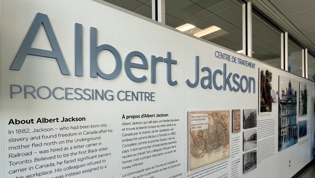 A plaque dedicated to Albert Jackson at the entrance of the Albert Jackson processing centre in Scarborough