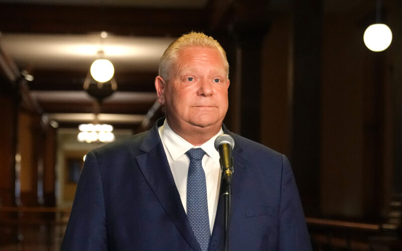 Ontario Premier Doug Ford speaks to journalists at the Queen's Park Legislature in Toronto, on Friday August 25, 2023. THE CANADIAN PRESS/Chris Young