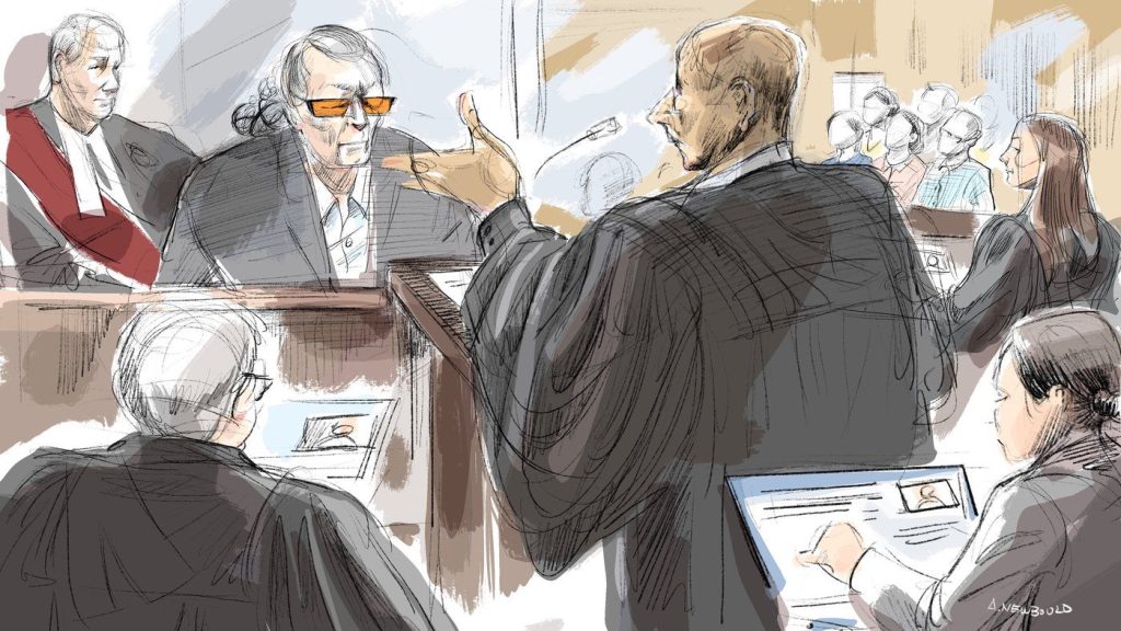 Justice Robert Goldstein, Peter Nygard, Neville Golwalla, Ana Serban, Det. Sgt. Erin Hanlon and Brian Greenspan are seen in a courtroom sketch