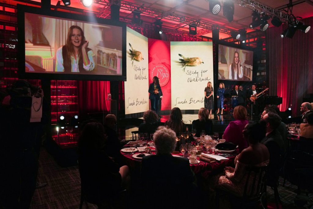 Sarah Bernstein appears on screen after winning the Scotiabank Giller Prize for her novel 'Study For Obedience' in Toronto, on Monday, November 13, 2023. Bernstein was absent after having a baby 10 days ago. THE CANADIAN PRESS/Chris Young