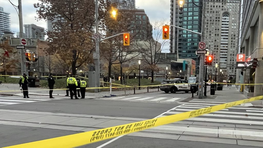 Toronto police are investigating a fatal hit-and-run at Wellington Street East and Scott Street in downtown Toronto on Nov. 14, 2023