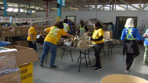 Daily Harvest Food Bank volunteers help pack boxes filled with food for clients.
