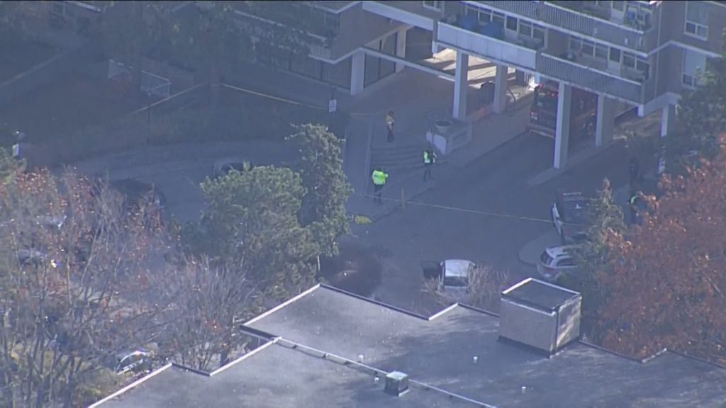 Toronto police investigate after four people were struck by a vehicle in a parking lot at an apartment building on Cassandra Avenue near Victoria Park Boulevard on Nov. 15, 2023