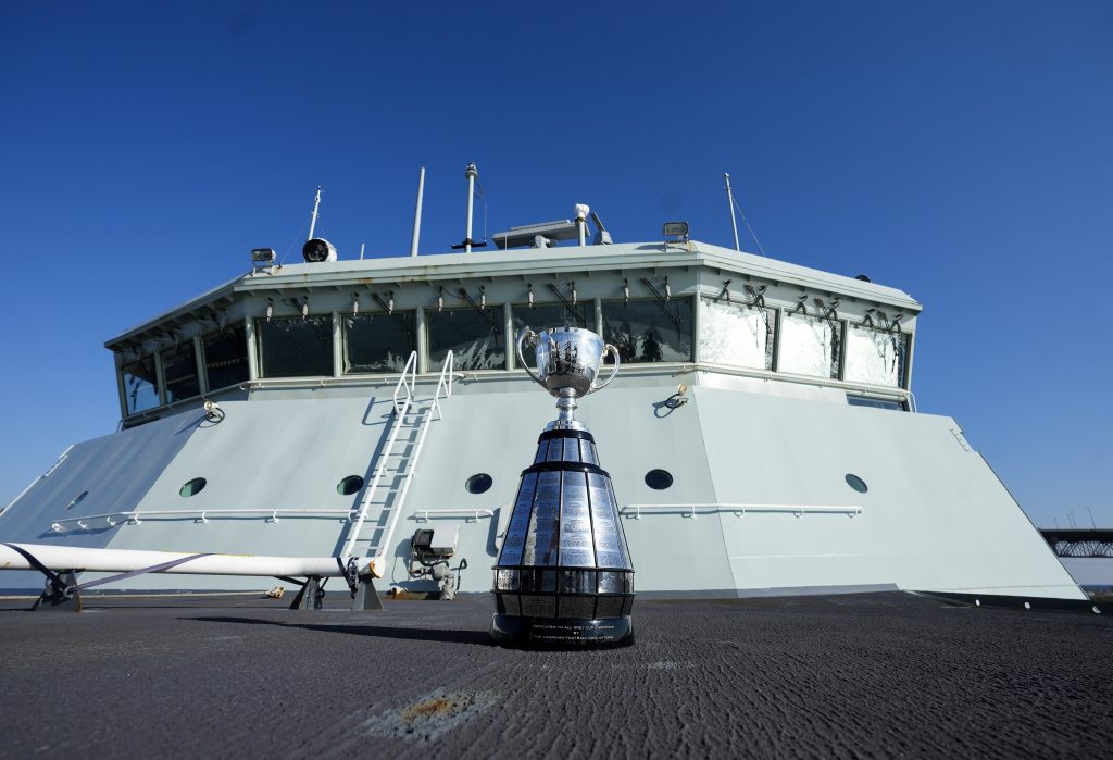 The Grey Cup trophy travels onboard His Majesty's Canadian Ship HMCS Harry DeWolf as it makes its way to Hamilton on Lake Ontario ahead of the 110th CFL Grey Cup between the Montreal Alouettes and the Winnipeg Blue Bombers in Toronto on Monday, November 13, 2023.