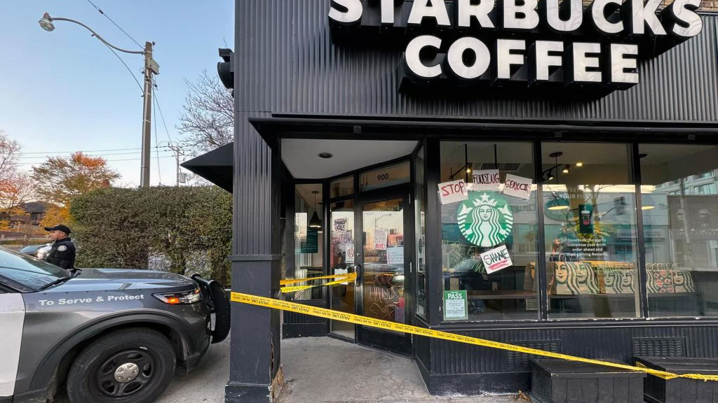 Photo of a vandalized Starbucks coffee shop in midtown Toronto.