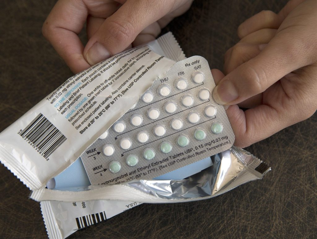 A one-month dosage of hormonal birth control pills is displayed