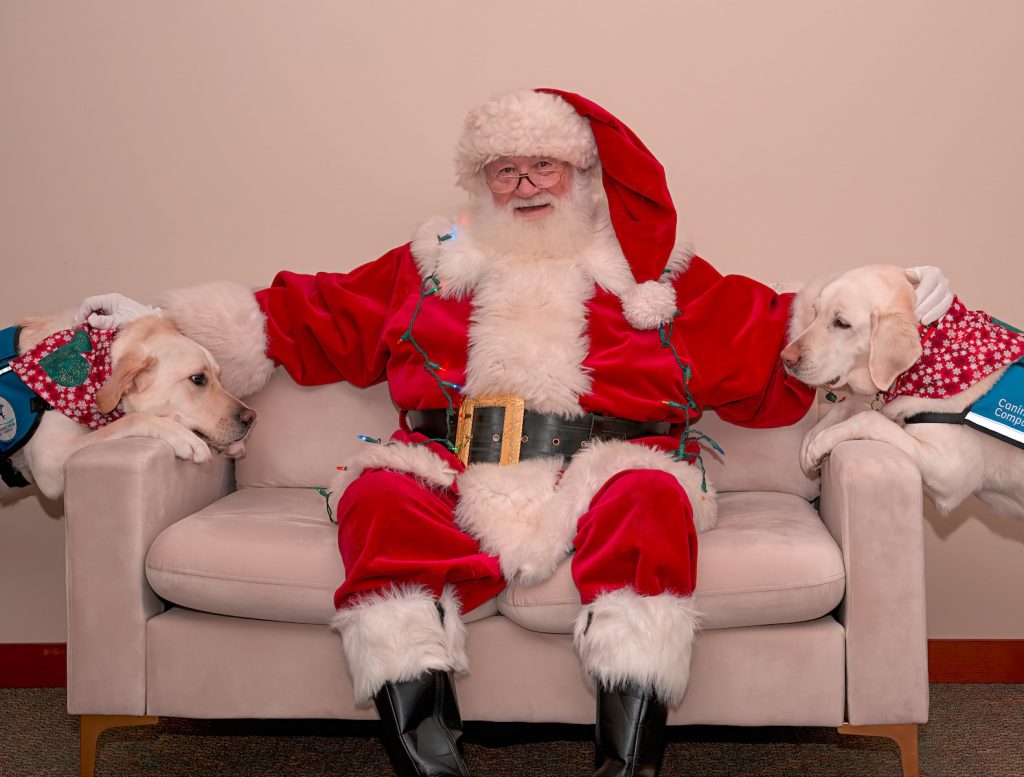 Two dogs meeting Santa Claus